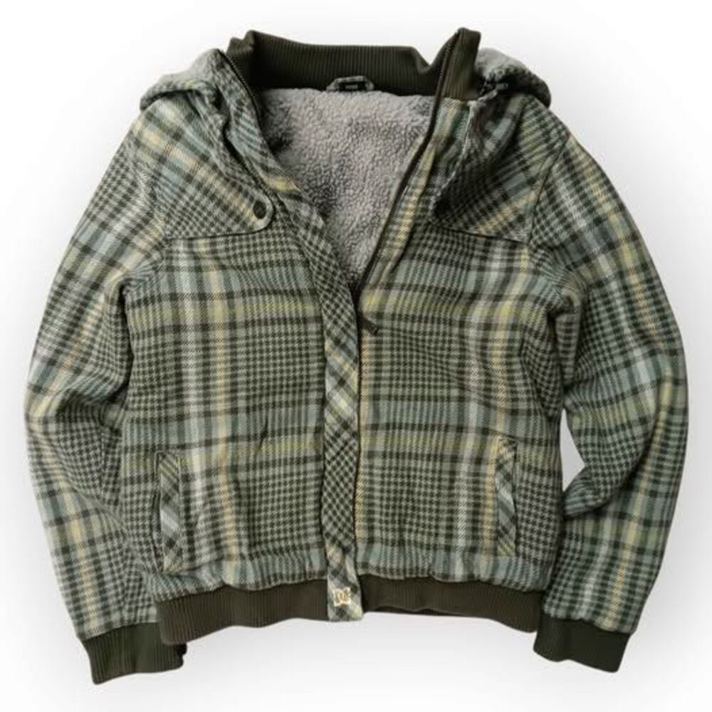 Vintage Y2k Sherpa Lined DC Shoe Co Ladies Green Plaid Zip Up Hoodie - L - Picture 2 of 7